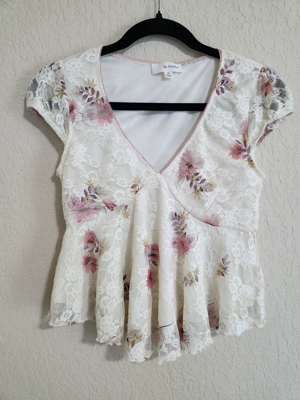 La Peche Cream Lace Peplum Top with Pink Floral Print